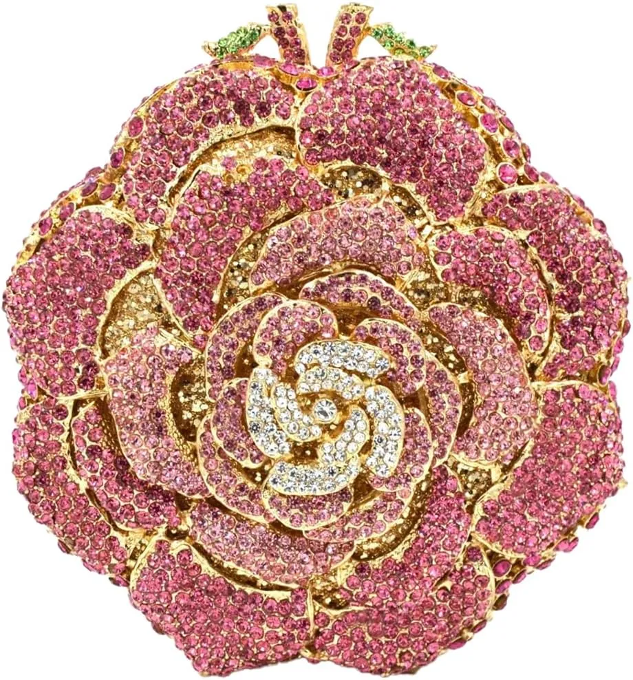RomanticDesign Women Round Rose Flower Rhinestone Clutch Bag Elegant Crystal Bride Purse for Evening Party Prom Wedding