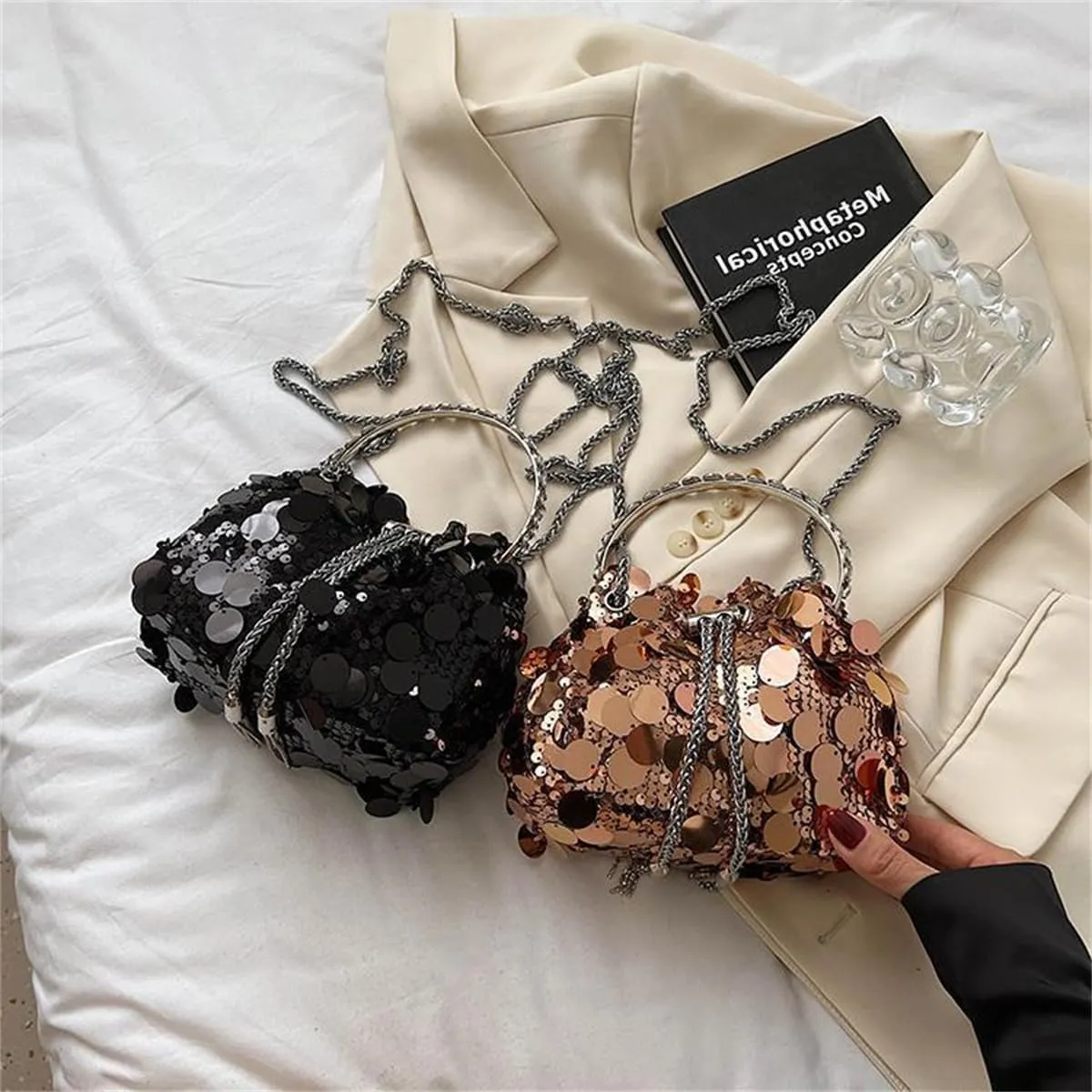 RomanticDesign Women Sparkly Sequin Clutch Purse Glitter Metal Tassel Evening Handbag Crossbody Bag for Party Prom Banquet