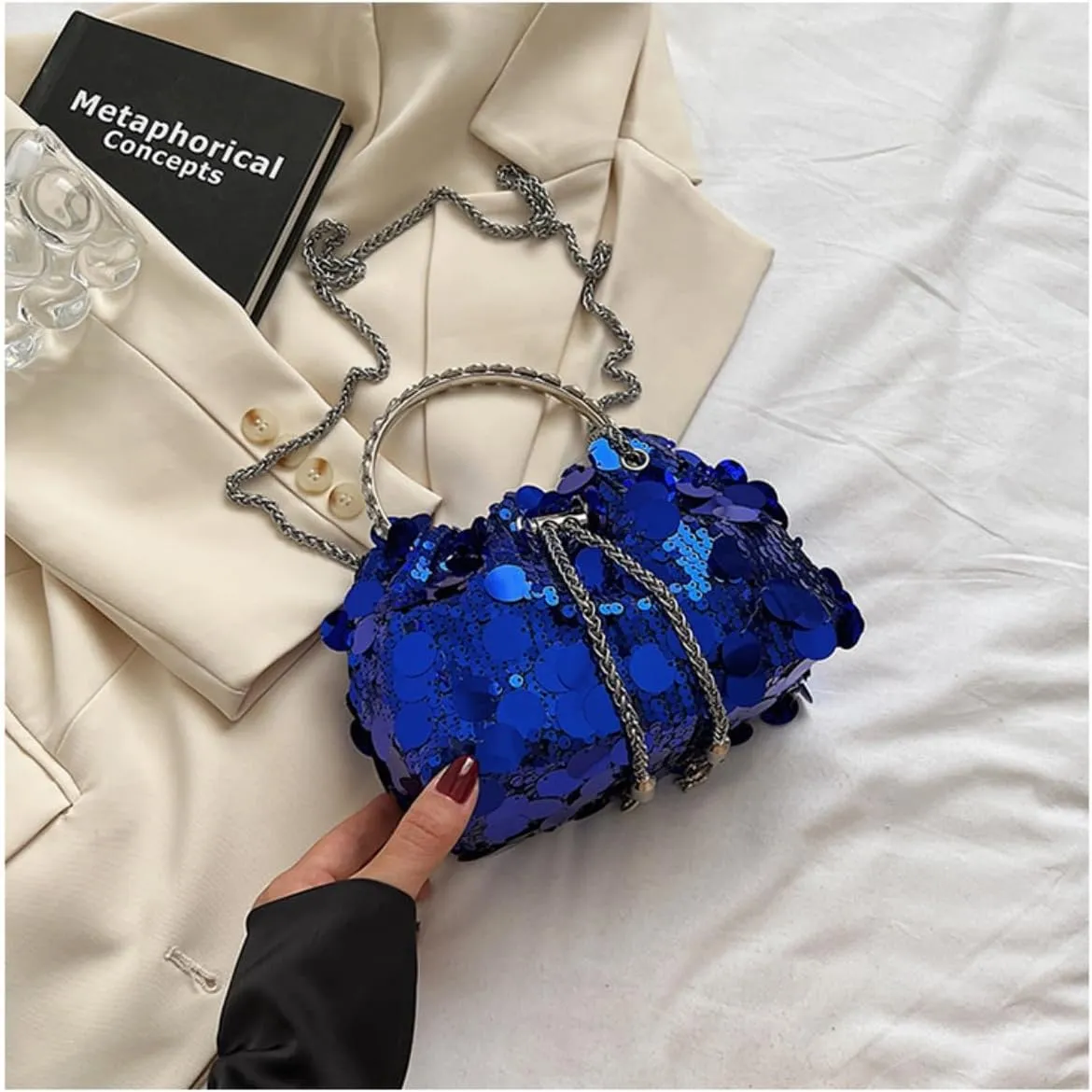 RomanticDesign Women Sparkly Sequin Clutch Purse Glitter Metal Tassel Evening Handbag Crossbody Bag for Party Prom Banquet