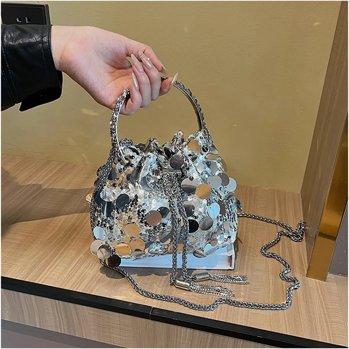 RomanticDesign Women Sparkly Sequin Clutch Purse Glitter Metal Tassel Evening Handbag Crossbody Bag for Party Prom Banquet
