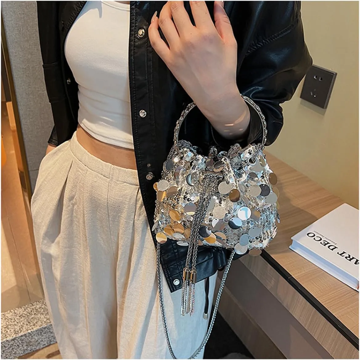 RomanticDesign Women Sparkly Sequin Clutch Purse Glitter Metal Tassel Evening Handbag Crossbody Bag for Party Prom Banquet