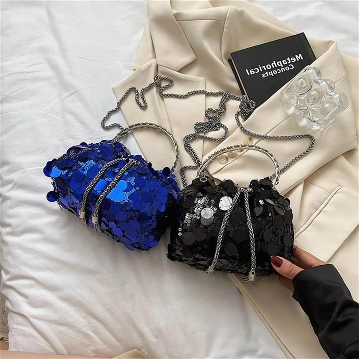 RomanticDesign Women Sparkly Sequin Clutch Purse Glitter Metal Tassel Evening Handbag Crossbody Bag for Party Prom Banquet