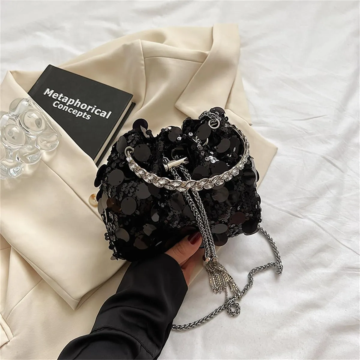 RomanticDesign Women Sparkly Sequin Clutch Purse Glitter Metal Tassel Evening Handbag Crossbody Bag for Party Prom Banquet
