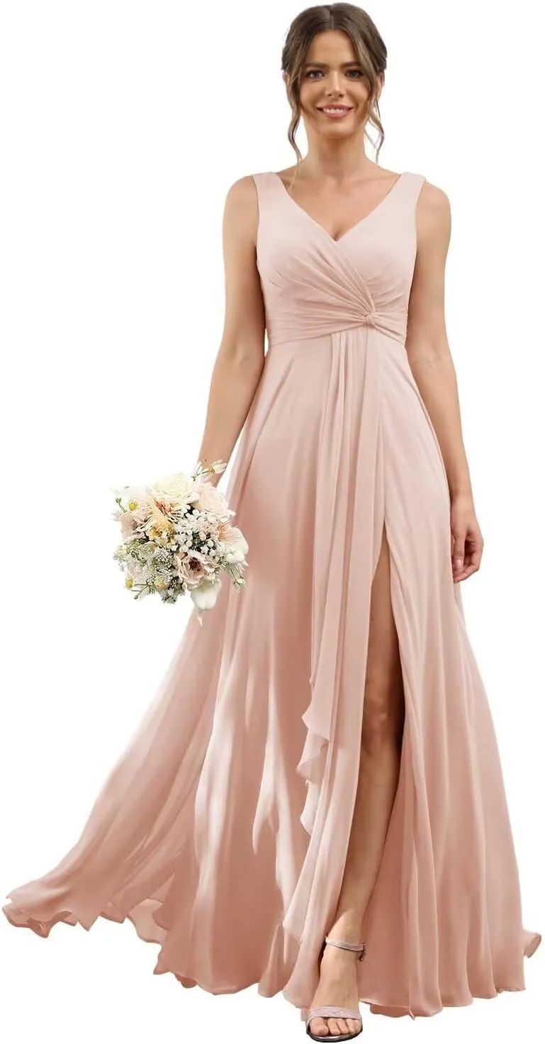 RSOETOO Chiffon Bridesmaid Dresses with Pockets A-line Ruffles Long Chiffon Formal Party Dress with Slit RO056
