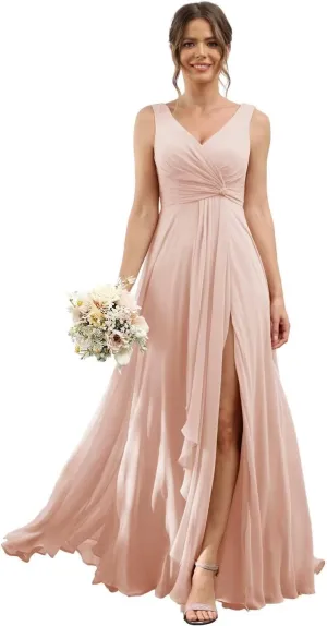 RSOETOO Chiffon Bridesmaid Dresses with Pockets A-line Ruffles Long Chiffon Formal Party Dress with Slit RO056