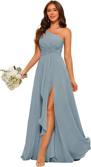 RSOETOO Chiffon One Shoulder Bridesmaid Dresses with Slit A-Line Long Formal Party Dress with Pockets RO022