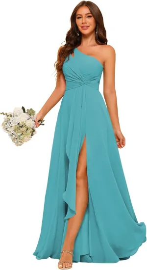 RSOETOO Chiffon One Shoulder Bridesmaid Dresses with Slit A-Line Long Formal Party Dress with Pockets RO022