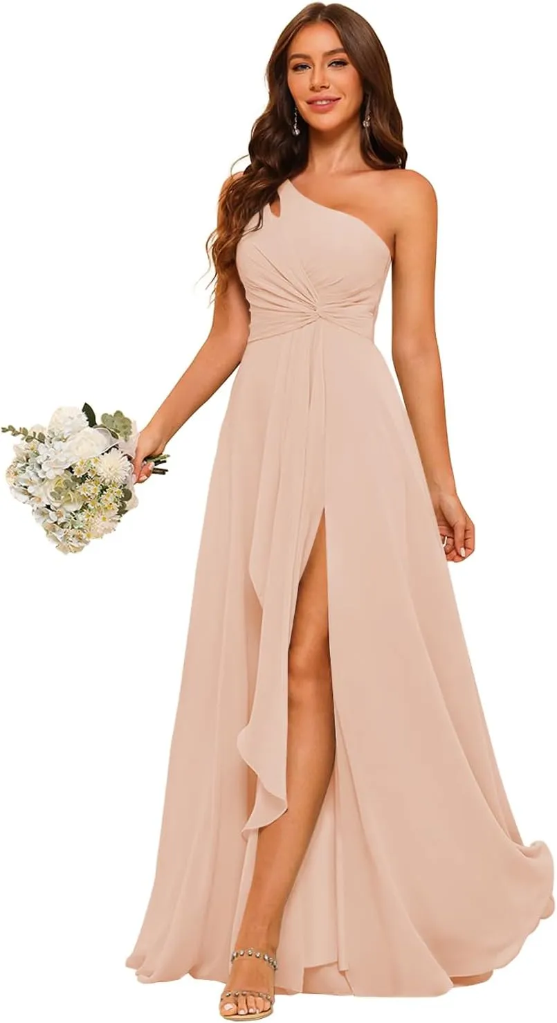 RSOETOO Chiffon One Shoulder Bridesmaid Dresses with Slit A-Line Long Formal Party Dress with Pockets RO022