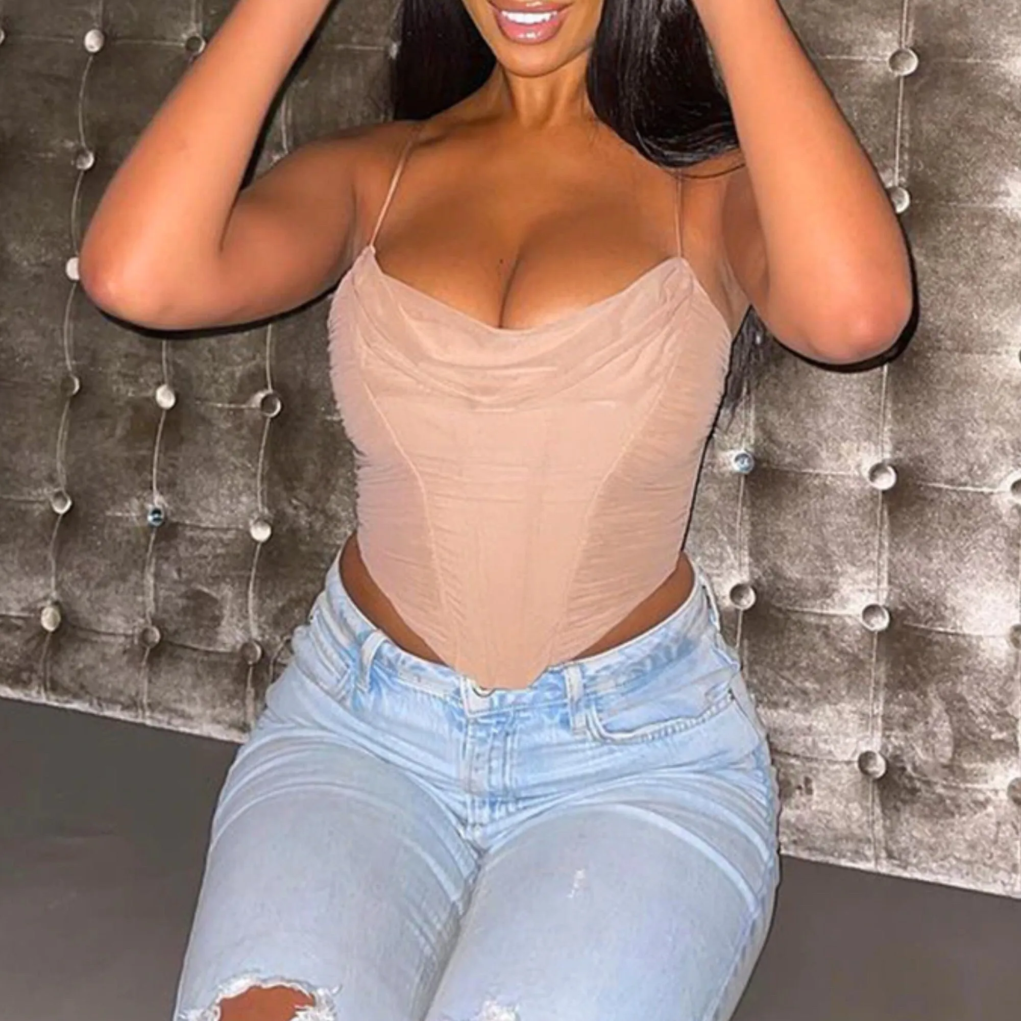 Ruched Bodycon Mesh Corset Tops