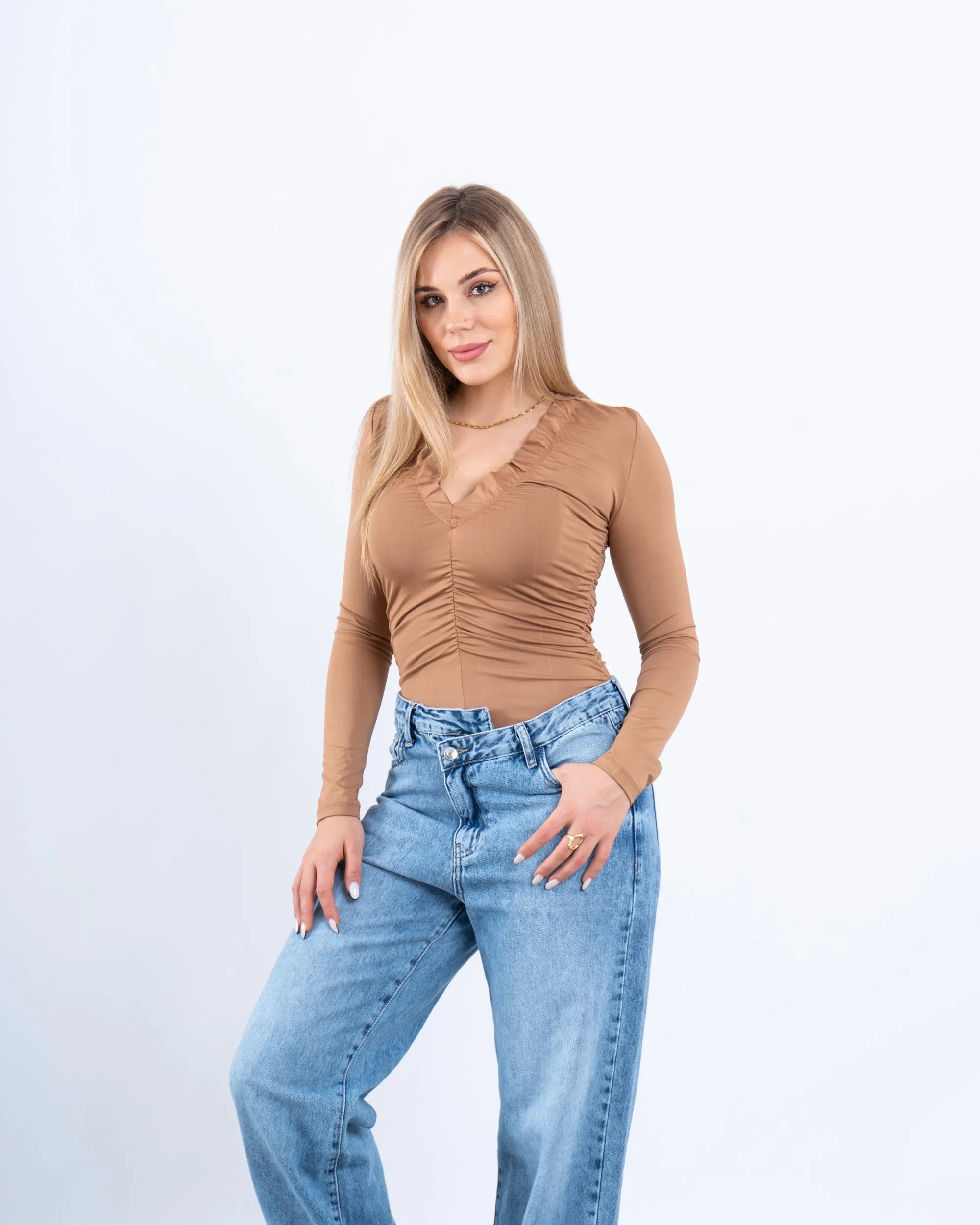 Ruched Long-Sleeve Bodysuit