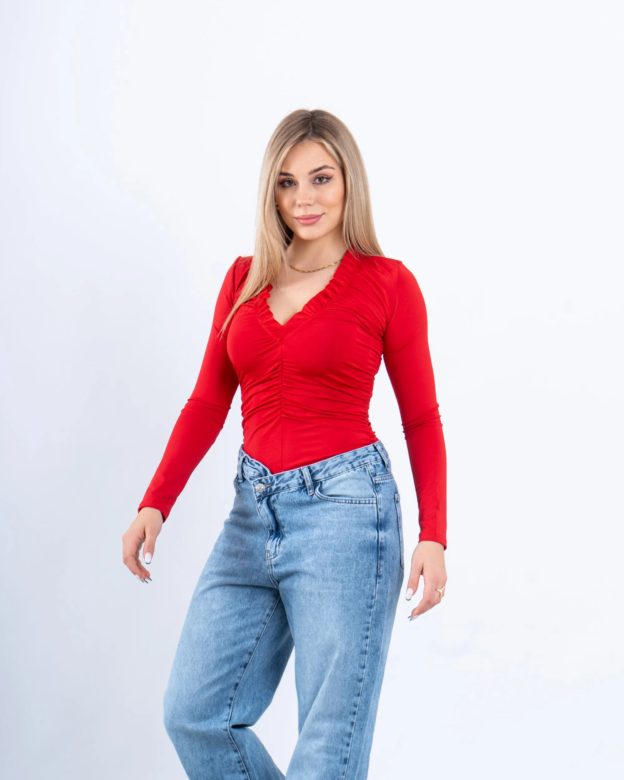 Ruched Long-Sleeve Bodysuit