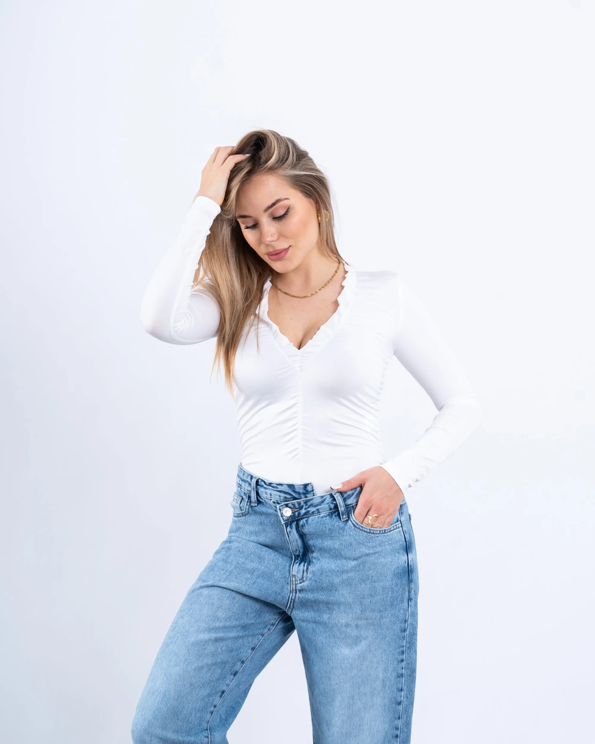 Ruched Long-Sleeve Bodysuit