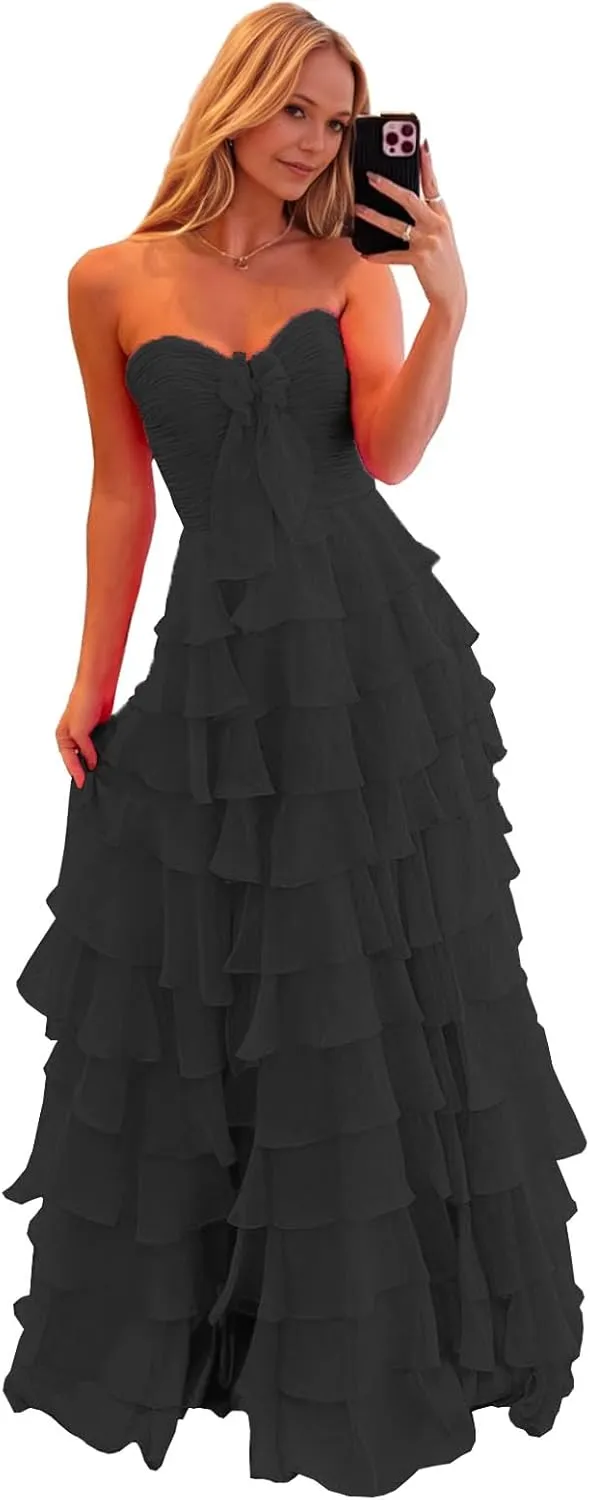 Ruffle Prom Dress with Slit Chiffon Flowy Formal Evening Dresses for Teens 2025