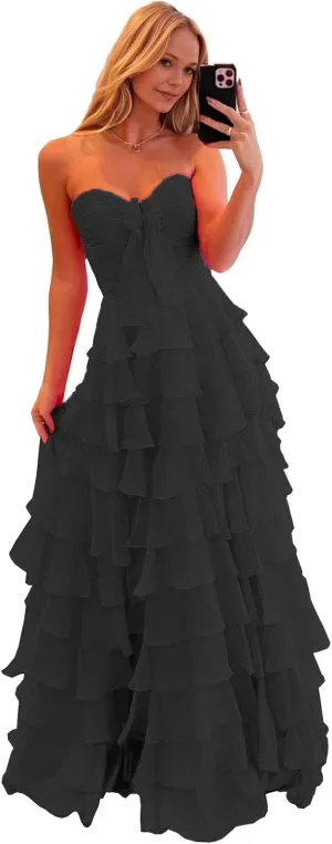 Ruffle Prom Dress with Slit Chiffon Flowy Formal Evening Dresses for Teens 2025
