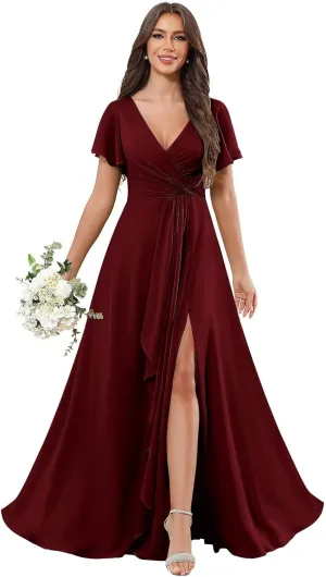 Ruffle V Neck Bridesmaid Dresses for Women Short Sleeve Chiffon Pleated Long Slit Formal Dress with Pockets