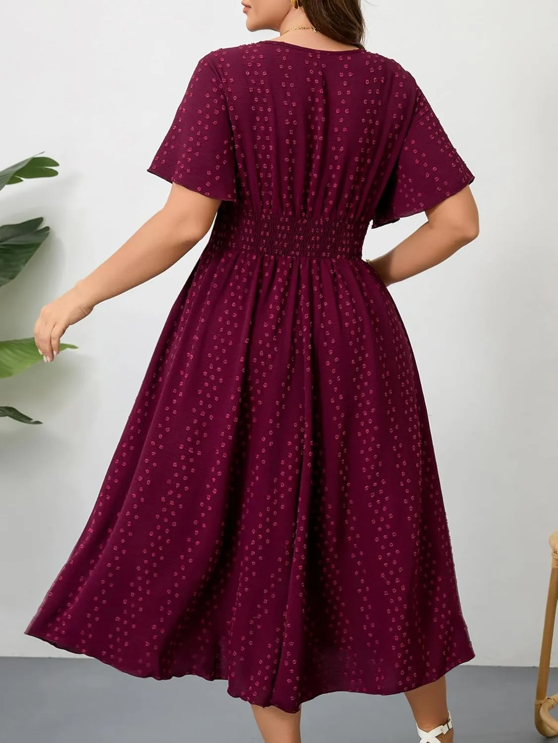 RWJ Women's Plus Size Maxi Dress V Neck Short Sleeve Swiss Dot A Line High Waist Boho Swing Casual Summer Dresses 2025