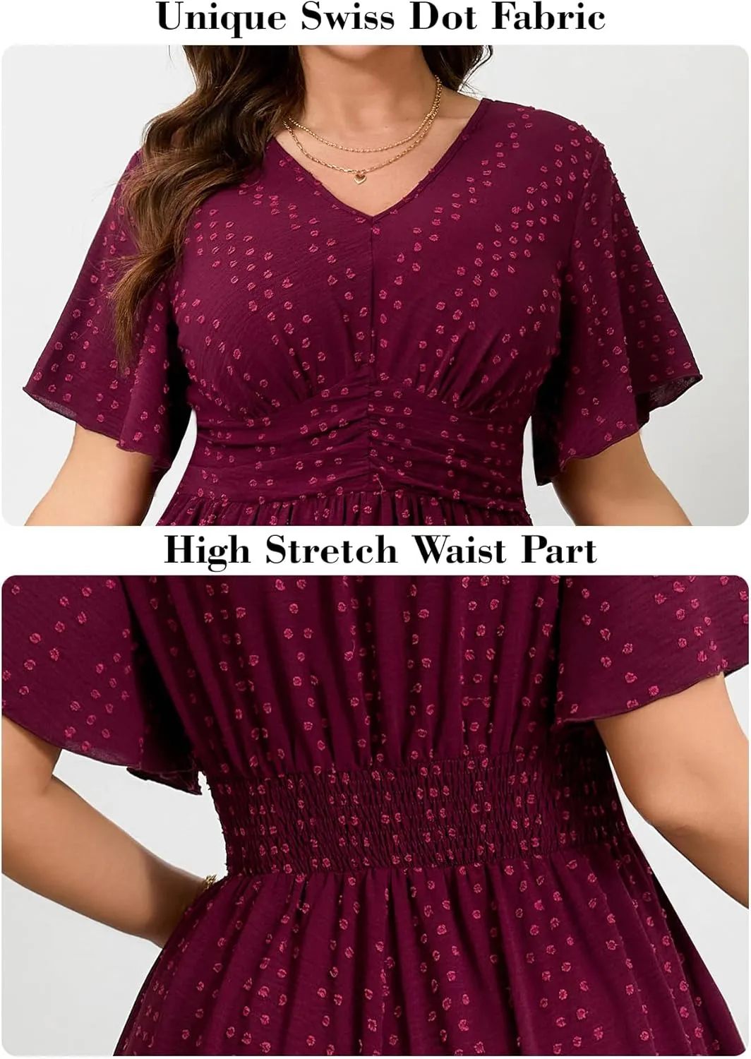 RWJ Women's Plus Size Maxi Dress V Neck Short Sleeve Swiss Dot A Line High Waist Boho Swing Casual Summer Dresses 2025