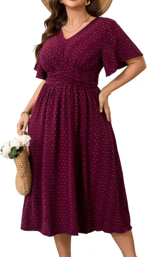 RWJ Women's Plus Size Maxi Dress V Neck Short Sleeve Swiss Dot A Line High Waist Boho Swing Casual Summer Dresses 2025