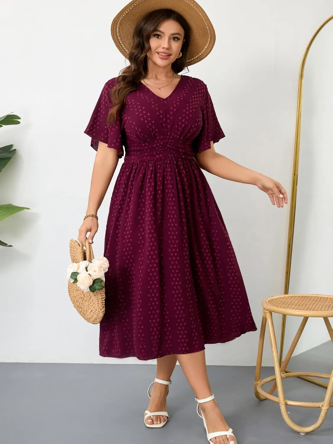 RWJ Women's Plus Size Maxi Dress V Neck Short Sleeve Swiss Dot A Line High Waist Boho Swing Casual Summer Dresses 2025