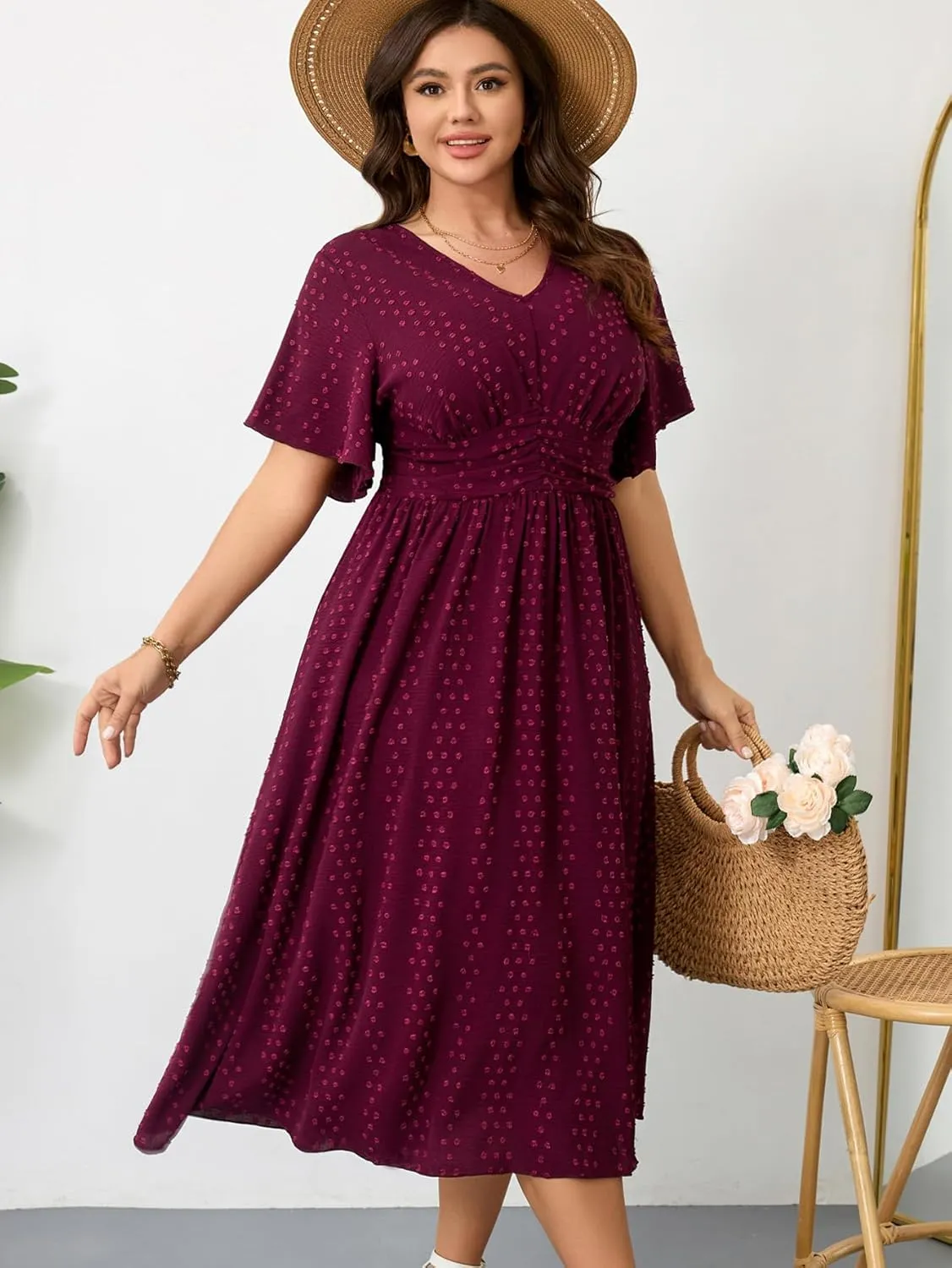 RWJ Women's Plus Size Maxi Dress V Neck Short Sleeve Swiss Dot A Line High Waist Boho Swing Casual Summer Dresses 2025