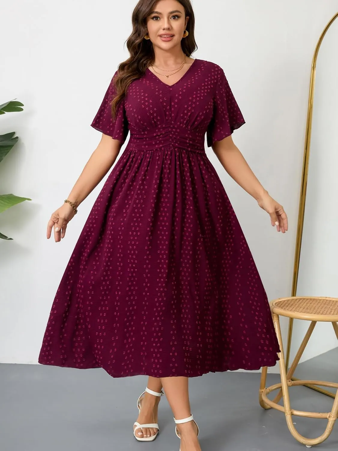 RWJ Women's Plus Size Maxi Dress V Neck Short Sleeve Swiss Dot A Line High Waist Boho Swing Casual Summer Dresses 2025