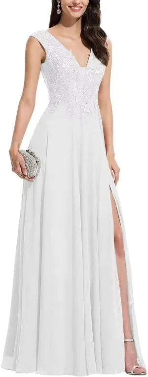 S Marlene V Neck Bridesmaid Dresses for Women Long Chiffon A Line Lace Appliques Formal Evening Party Gowns Prom Dresses with Slit White 16
