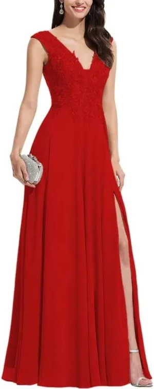 S Marlene V Neck Bridesmaid Dresses for Women Long Lace Appliques Chiffon A Line Formal Prom Dresses Party Evening Gowns Red 24 Plus
