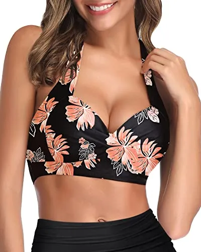 Safe And Secure Push Up Swim Top For Women-Black Orange Floral