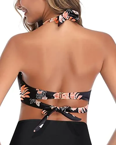 Safe And Secure Push Up Swim Top For Women-Black Orange Floral