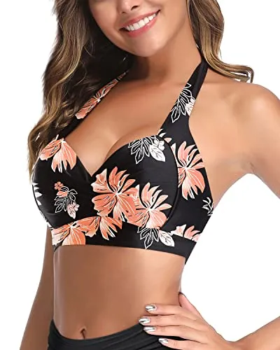 Safe And Secure Push Up Swim Top For Women-Black Orange Floral
