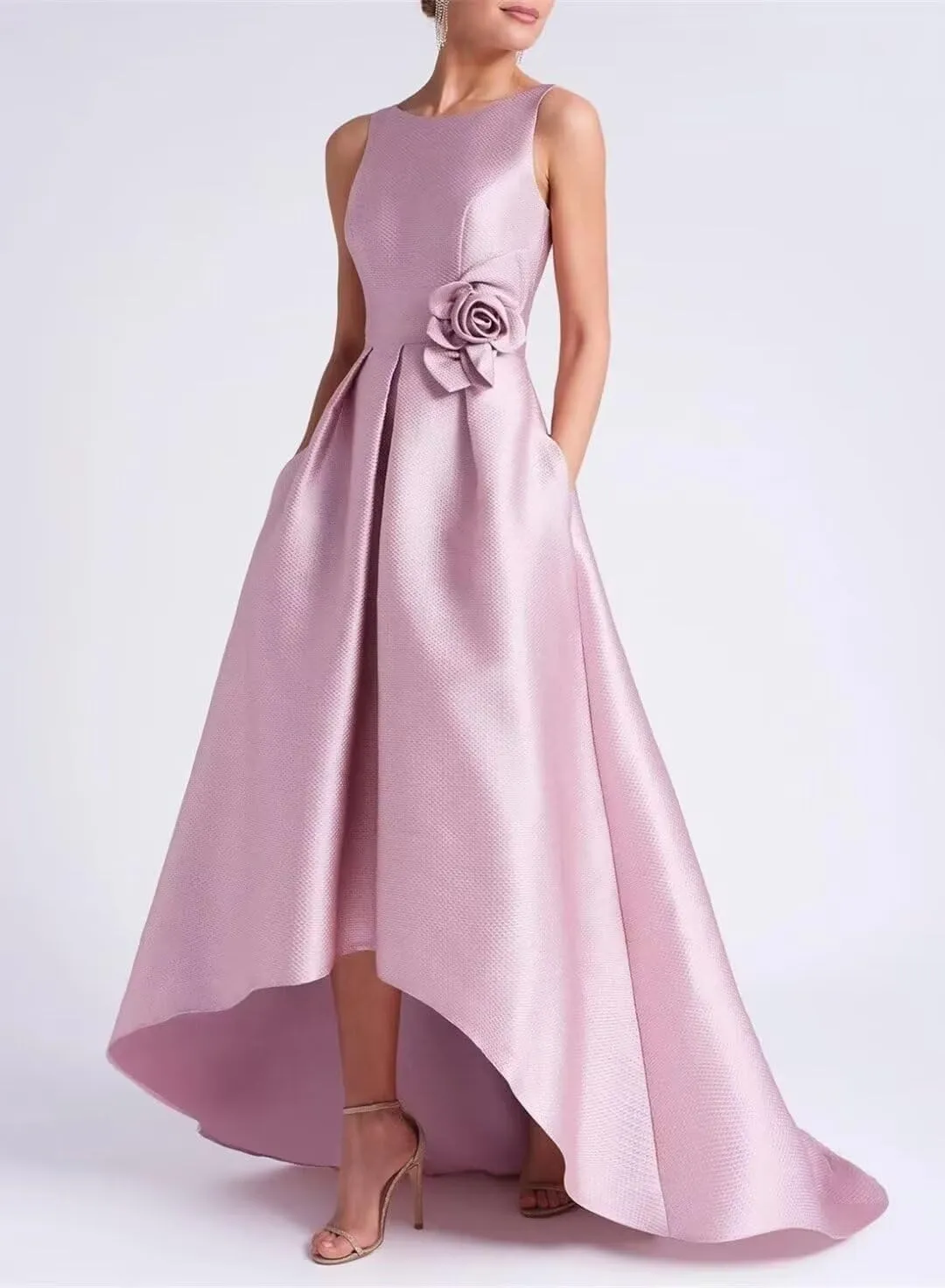 Satin Hi-Low Mother of The Bride Dresses Crew Neck Formal Dress A Line Elegance Wedding Guest Dress with Pockets