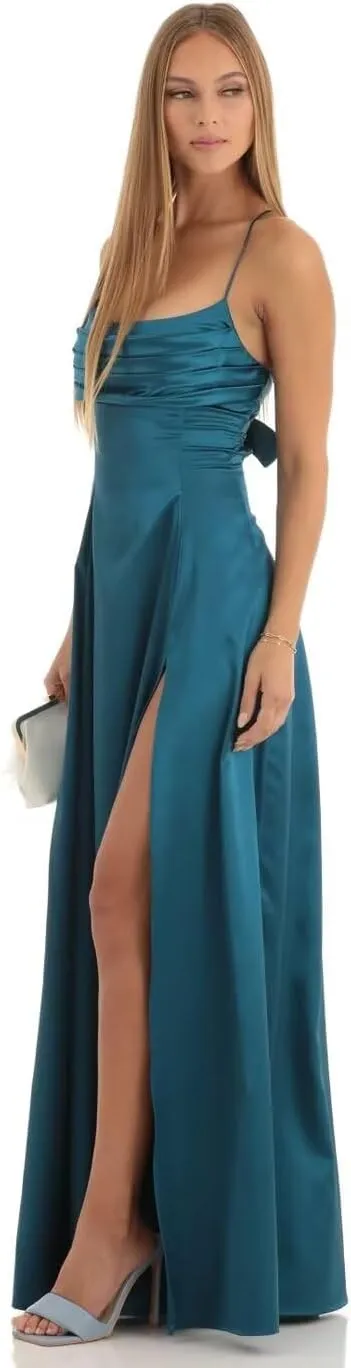 Satin Long Bridesmaid Dresses with Slit for Women Aline Corset Prom Dress PU078