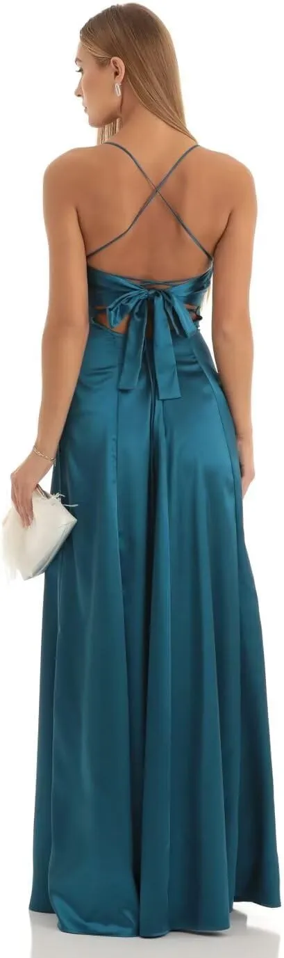 Satin Long Bridesmaid Dresses with Slit for Women Aline Corset Prom Dress PU078