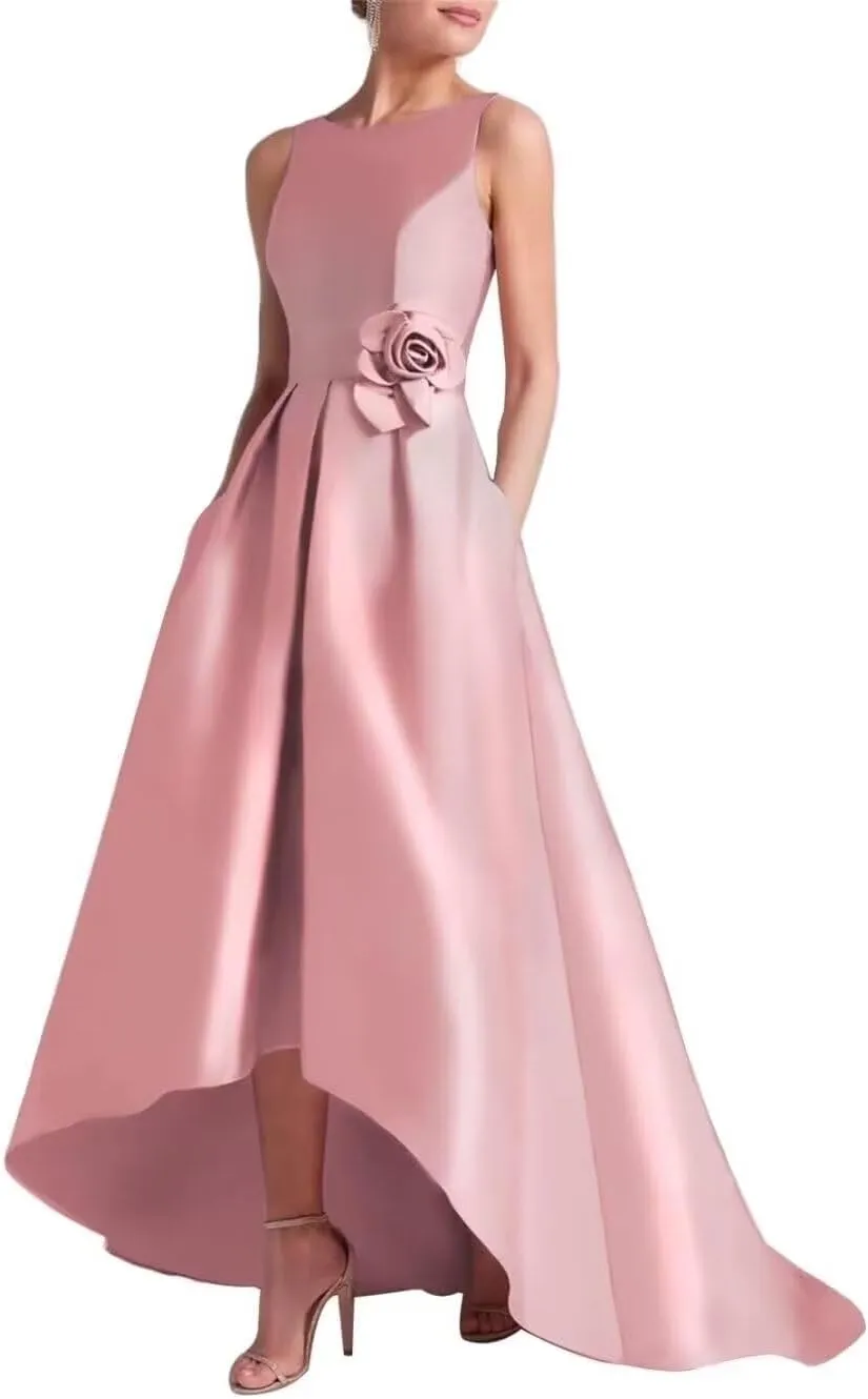 Satin Prom Dress with Pockets Scoop Neck Mother of The Bride Dresses for Wedding High Low Wedding Guest Dress MA002