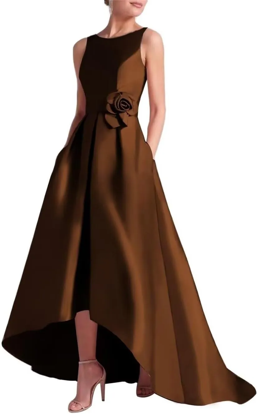 Satin Prom Dress with Pockets Scoop Neck Mother of The Bride Dresses for Wedding High Low Wedding Guest Dress MA002