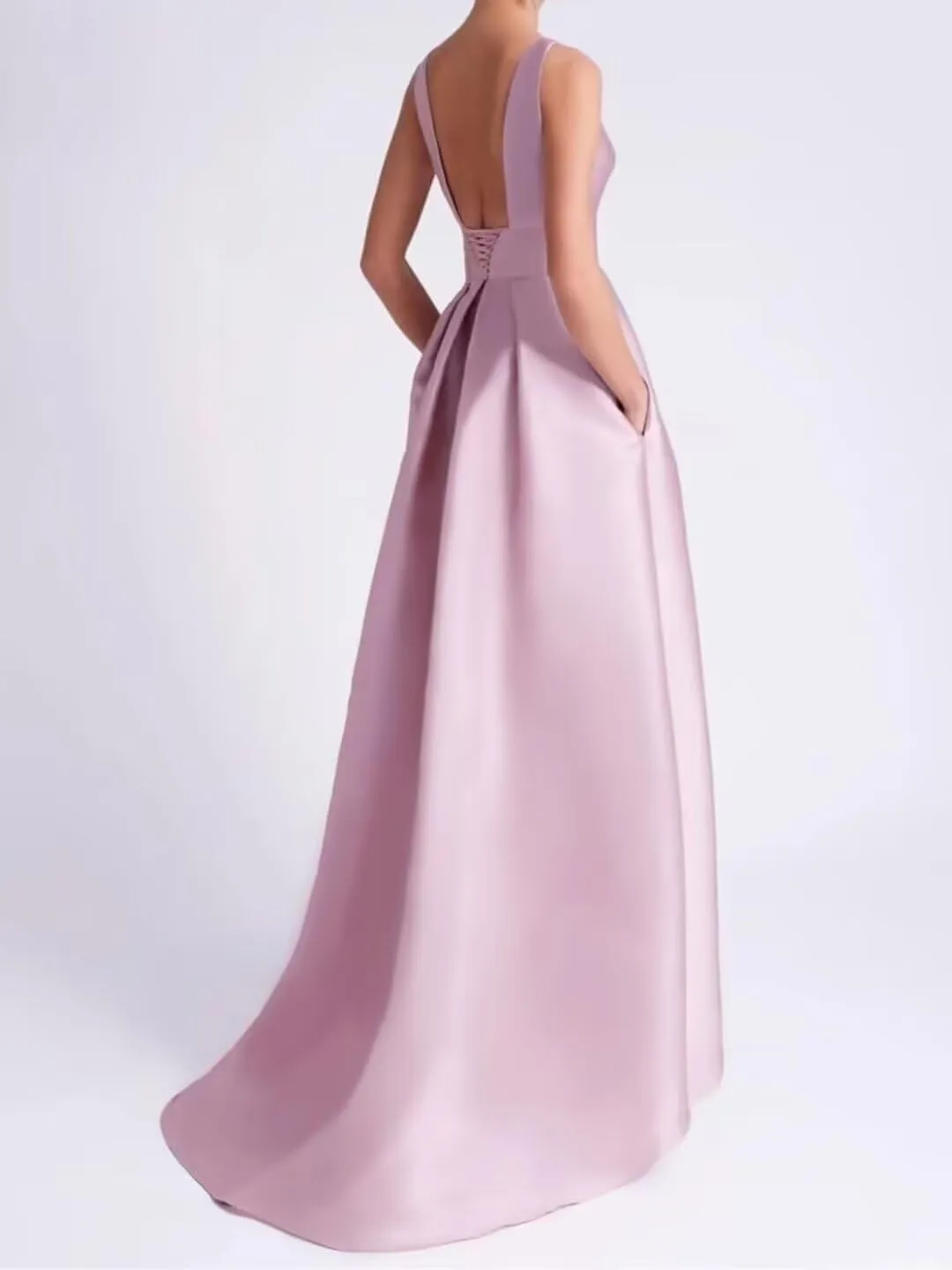Satin Prom Dress with Pockets Scoop Neck Mother of The Bride Dresses for Wedding High Low Wedding Guest Dress MA002
