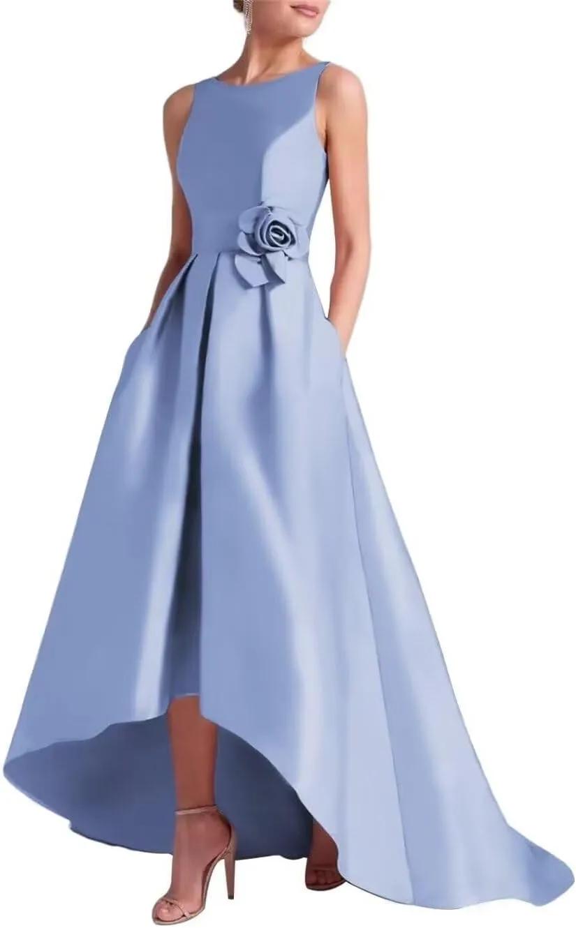 Satin Prom Dress with Pockets Scoop Neck Mother of The Bride Dresses for Wedding High Low Wedding Guest Dress MA002