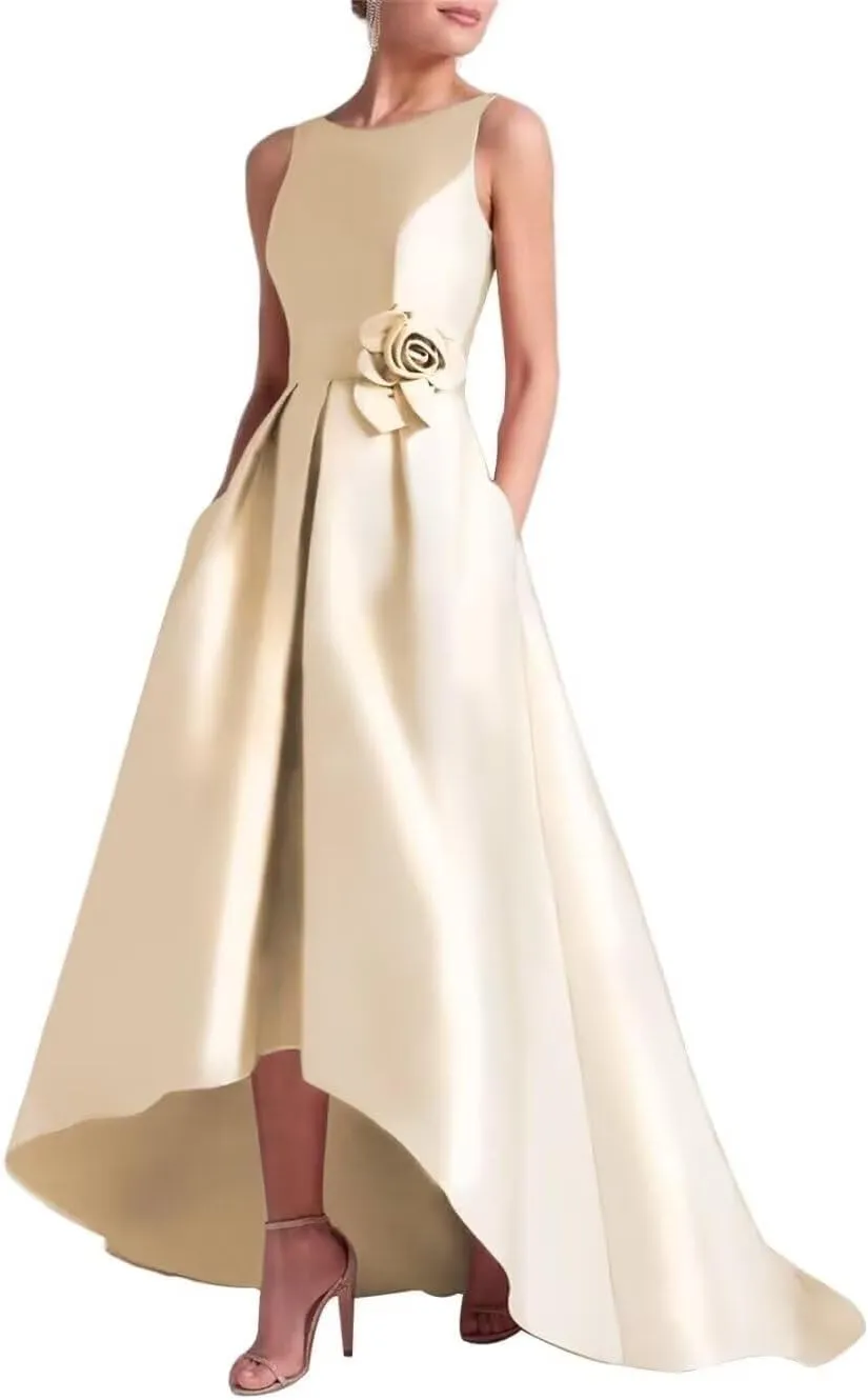 Satin Prom Dress with Pockets Scoop Neck Mother of The Bride Dresses for Wedding High Low Wedding Guest Dress MA002