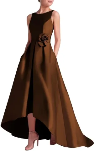 Satin Prom Dress with Pockets Scoop Neck Mother of The Bride Dresses for Wedding High Low Wedding Guest Dress MA002