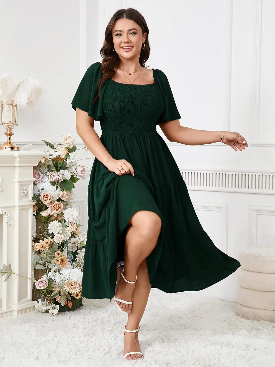 SCOMCHIC Women's Plus Size Dresses Short Sleeve Square Neck Smocked Flowy A-Line Boho Wedding Guest Cocktail Maxi Dress