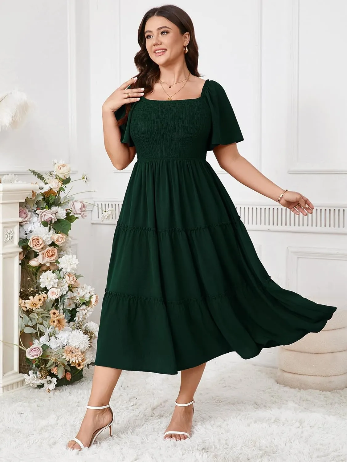 SCOMCHIC Women's Plus Size Dresses Short Sleeve Square Neck Smocked Flowy A-Line Boho Wedding Guest Cocktail Maxi Dress