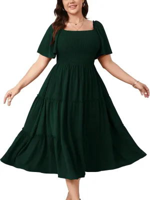 SCOMCHIC Women's Plus Size Dresses Short Sleeve Square Neck Smocked Flowy A-Line Boho Wedding Guest Cocktail Maxi Dress