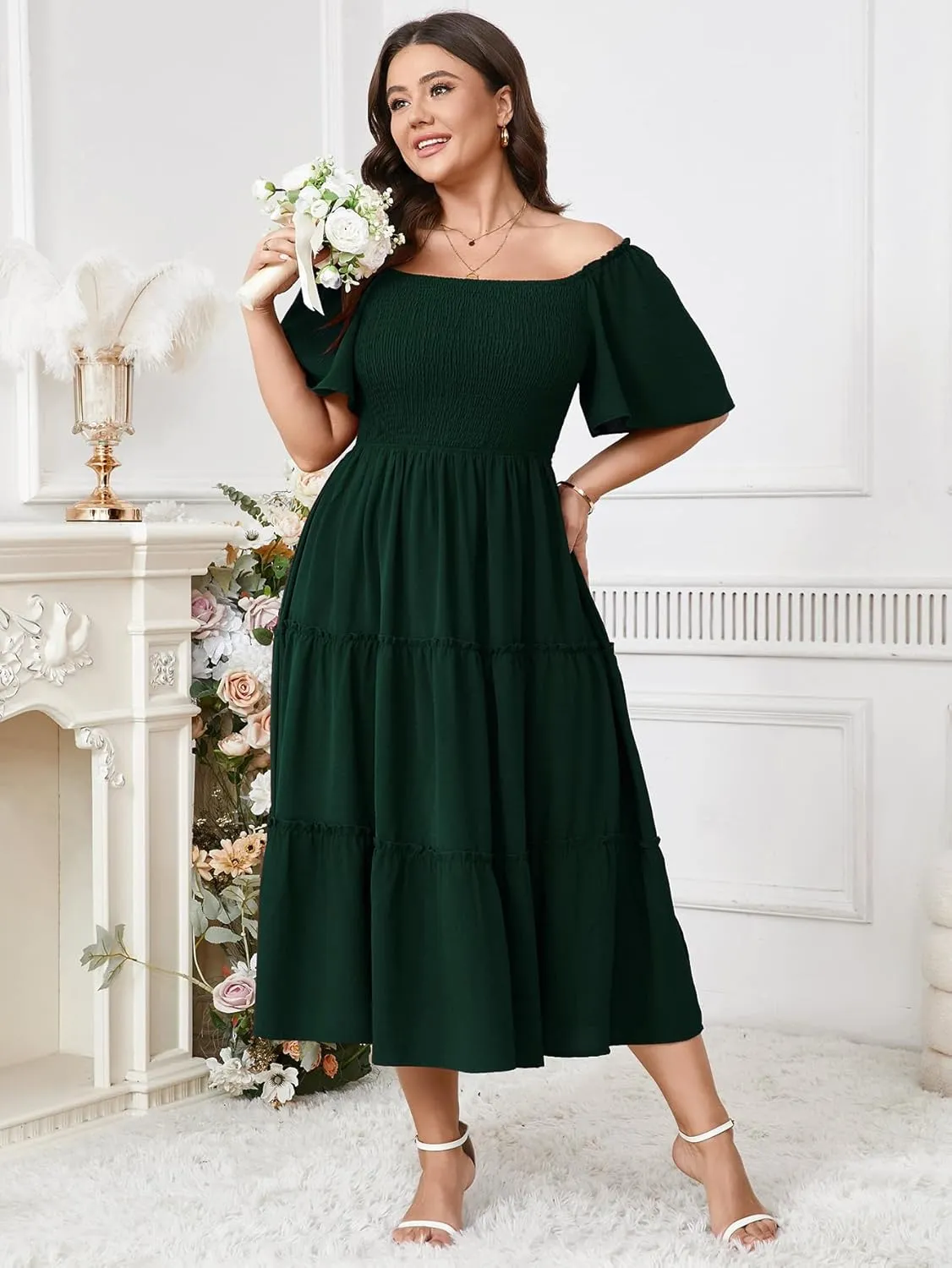 SCOMCHIC Women's Plus Size Dresses Short Sleeve Square Neck Smocked Flowy A-Line Boho Wedding Guest Cocktail Maxi Dress