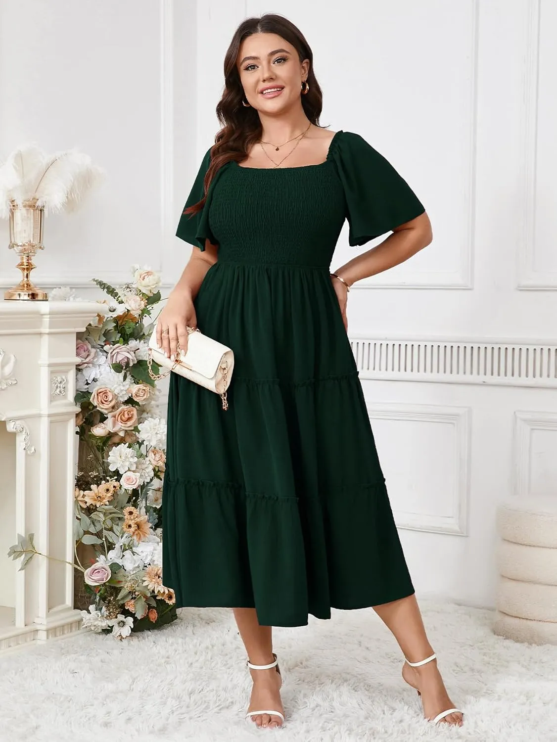 SCOMCHIC Women's Plus Size Dresses Short Sleeve Square Neck Smocked Flowy A-Line Boho Wedding Guest Cocktail Maxi Dress