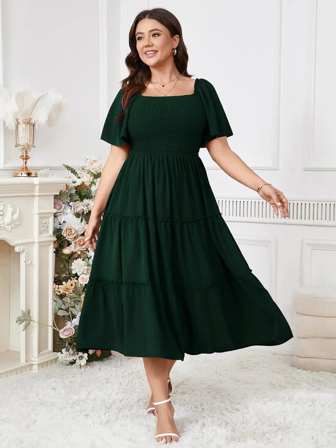 SCOMCHIC Women's Plus Size Dresses Short Sleeve Square Neck Smocked Flowy A-Line Boho Wedding Guest Cocktail Maxi Dress