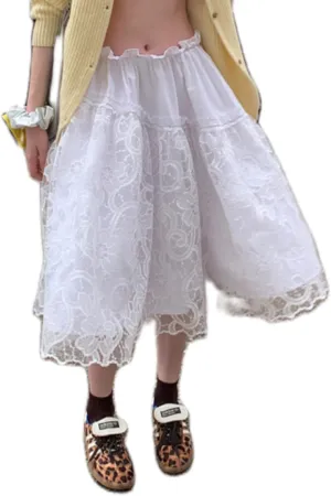 See Through Lace Long Skirts Asymmetrical Ruffle Hem Layered Midi Skirts Fairy Grunge Beach Boho Maxi Skirts