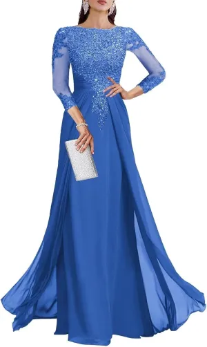 Sequin Mother of The Bride Dresses Long for Wedding 3/4 Sleeves Chiffon Formal Evening Party Gown DS002