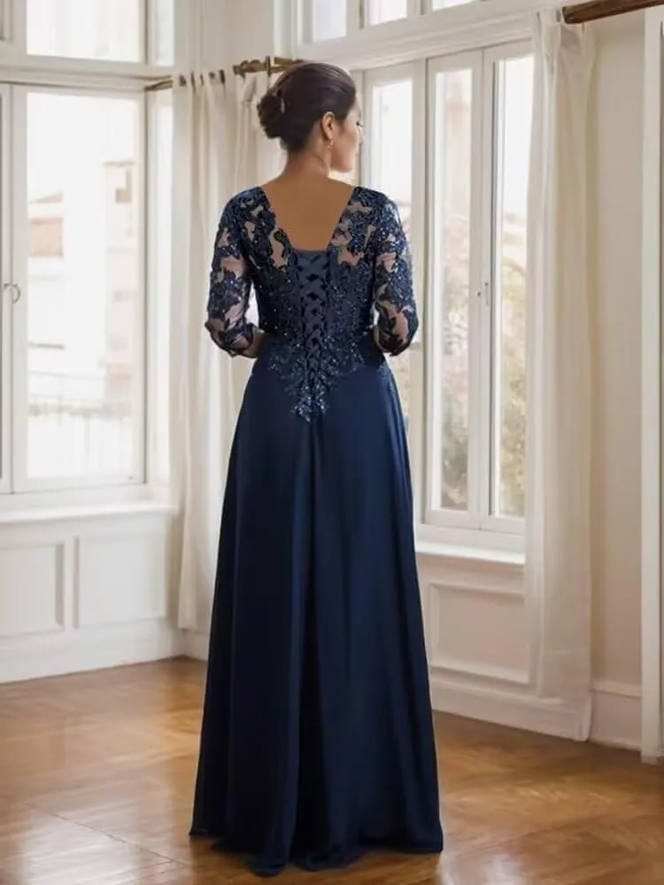 Sequin Mother of The Bride Dresses Long for Wedding 3/4 Sleeves Chiffon Formal Evening Party Gown DS002