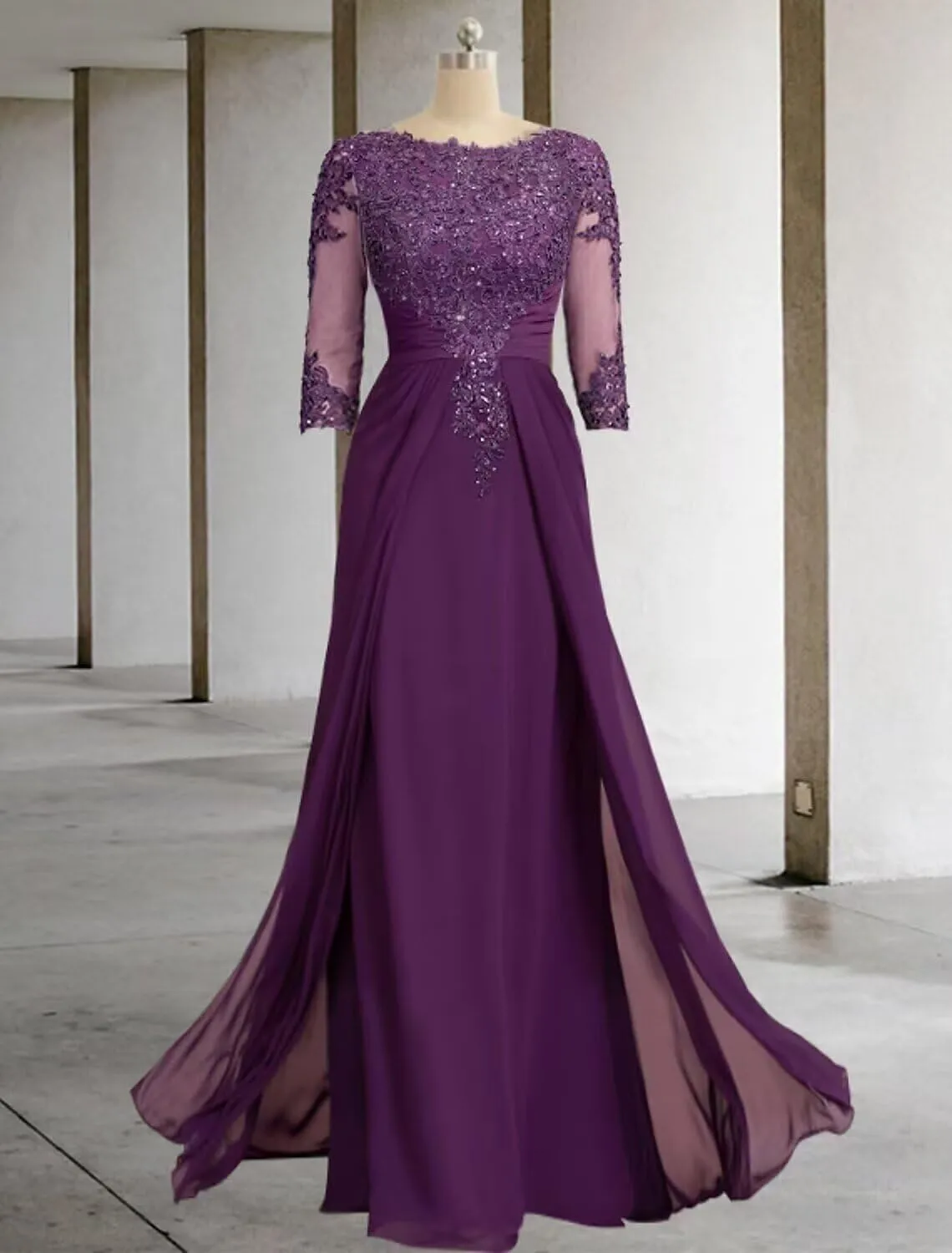 Sequin Mother of The Bride Dresses Long for Wedding 3/4 Sleeves Chiffon Formal Evening Party Gown DS002