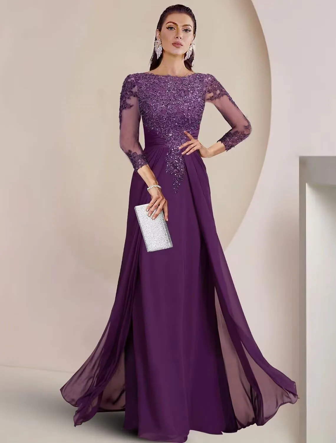 Sequin Mother of The Bride Dresses Long for Wedding 3/4 Sleeves Chiffon Formal Evening Party Gown DS002